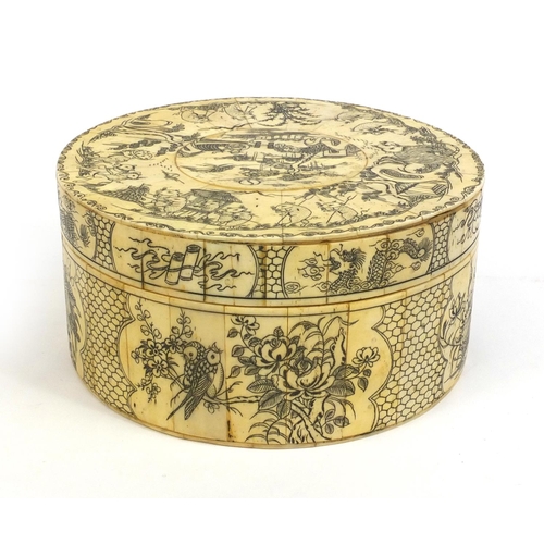 2260 - Oriental circular bone box and cover decorated with figures and birds of paradise amongst flowers an... 