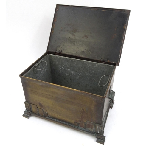 2201 - Art Deco metal coal box with hinged lid, twin handles and stylised feet, 27cm high x 41cm wide 28cm ... 