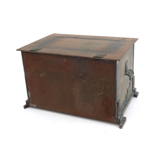 2201 - Art Deco metal coal box with hinged lid, twin handles and stylised feet, 27cm high x 41cm wide 28cm ... 