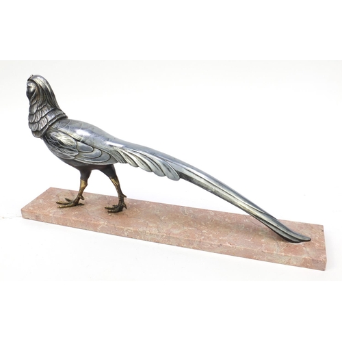 2164 - Salvatore Melani Art Deco metal pheasant mounted on a marble base, 55cm wide