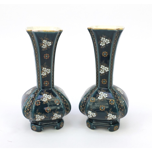 2310 - Pair of Art Nouveau Belgian Boch Frères pottery vases enameled with flowers, each 25cm high