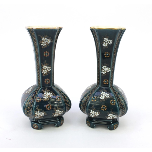 2310 - Pair of Art Nouveau Belgian Boch Frères pottery vases enameled with flowers, each 25cm high