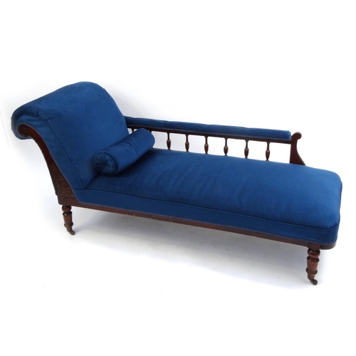 2035 - Mahogany chaise lounge with blue upholstery, 83cm high x 185cm wide x 65cm deep