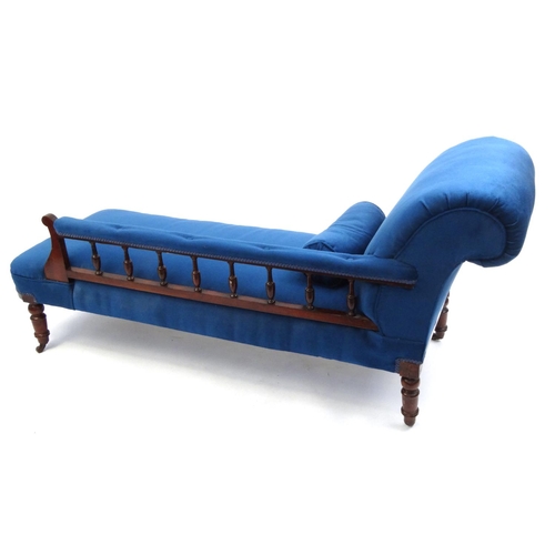 2035 - Mahogany chaise lounge with blue upholstery, 83cm high x 185cm wide x 65cm deep