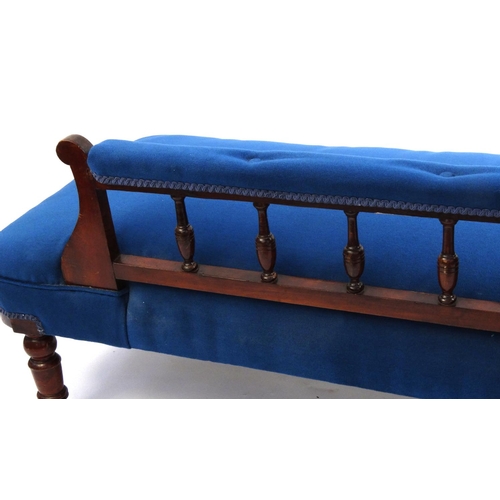 2035 - Mahogany chaise lounge with blue upholstery, 83cm high x 185cm wide x 65cm deep