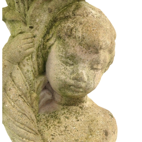 2069 - Garden stoneware statue in the form of a robed putti holding bird bath a loft, 88cm high