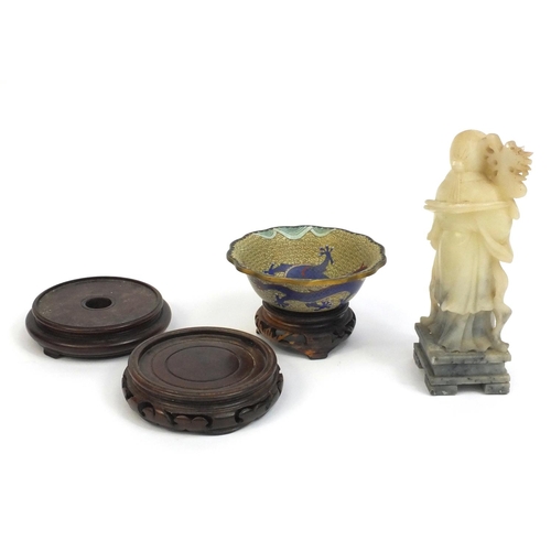 2296 - Chinese cloisonné bowl on stand, together with a soapstone carving of an elder and two other hardwoo... 