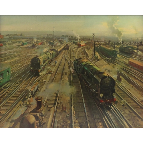 2248 - Large vintage Railwayana interest Terence Cuneo print of Clapham Junction, framed, 126cm x 101cm exc... 