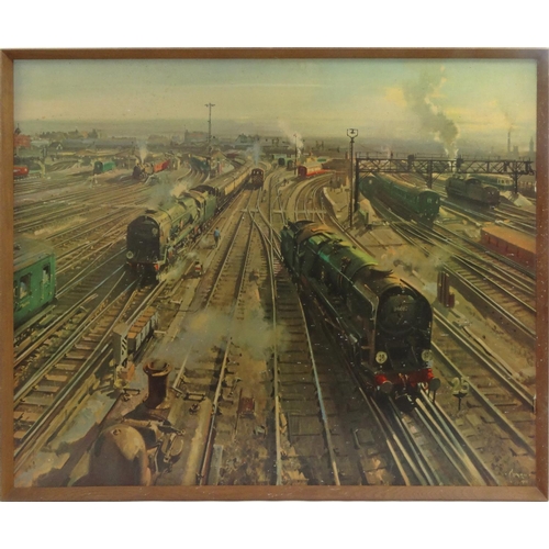 2248 - Large vintage Railwayana interest Terence Cuneo print of Clapham Junction, framed, 126cm x 101cm exc... 