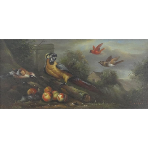 2274 - Oil onto board view of a bird, bearing an indistinct signature, mounted and gilt framed, 39cm x 19cm... 