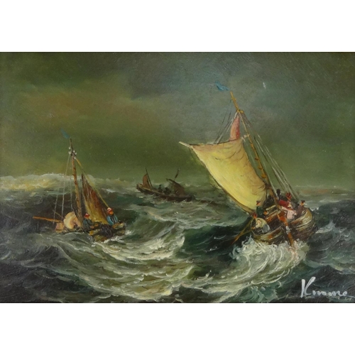 2273 - Oil onto board view of ships on a stormy sea, bearing an indistinct signature, ornately gilt framed,... 