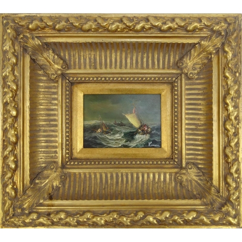 2273 - Oil onto board view of ships on a stormy sea, bearing an indistinct signature, ornately gilt framed,... 