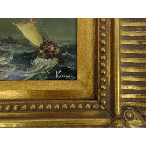 2273 - Oil onto board view of ships on a stormy sea, bearing an indistinct signature, ornately gilt framed,... 