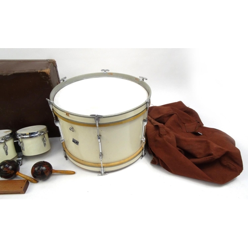 2077 - Olympic drum kit with marbleised maracas and accessories, the largest drum 21inch in diameter