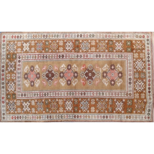 2056 - Rectangular Turkish rug with geometric border and central filled, 235cm x 131cm