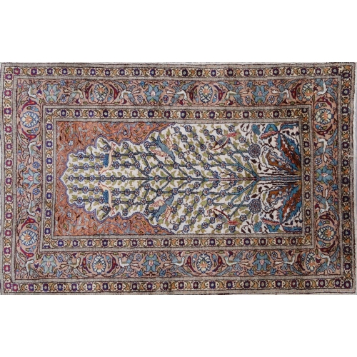 2044 - Rectangular Middle Eastern silk prayer mat, the border and central field decorated with mythical bir... 