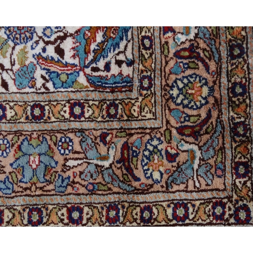 2044 - Rectangular Middle Eastern silk prayer mat, the border and central field decorated with mythical bir... 