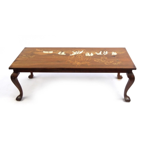 2030 - Hardwood coffee table inlaid with ivory decorated with elephants around an oasis with palm trees, 41... 