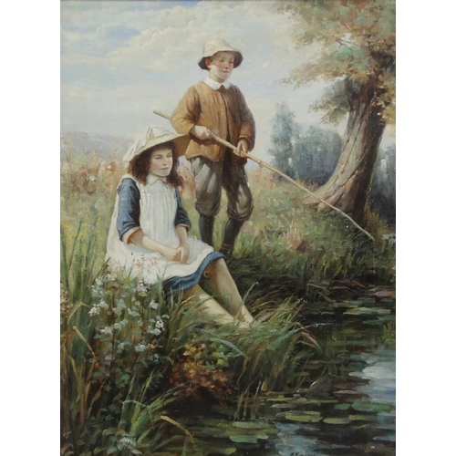 2126 - Harold Pemberton - Oil onto canvas children fishing, ornately gilt framed, National Fine Arts label ... 