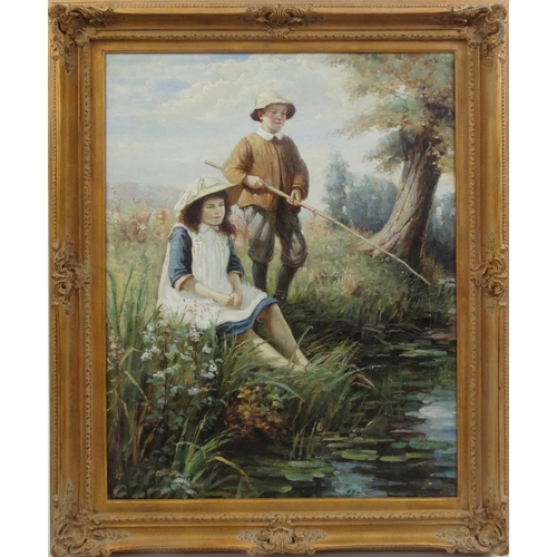 2126 - Harold Pemberton - Oil onto canvas children fishing, ornately gilt framed, National Fine Arts label ... 