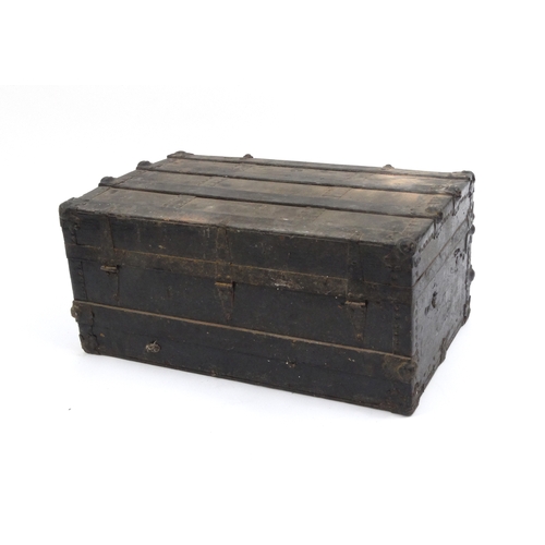 2062 - Vintage metal bound wooden travelling trunk, 34cm high x 71 cm wide x 44cm deep