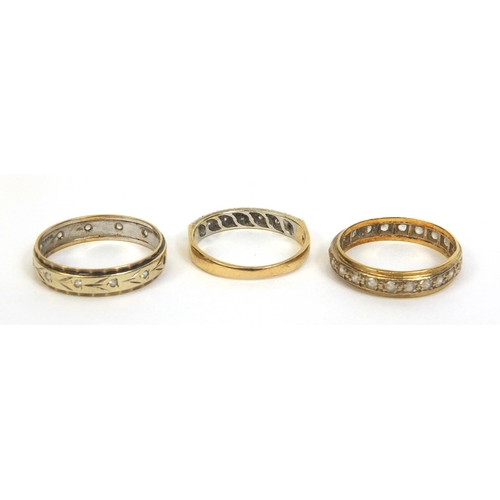 2462 - Two 9ct gold clear stone eternity rings and a 9ct gold half eternity ring, approximate weight 6.9g