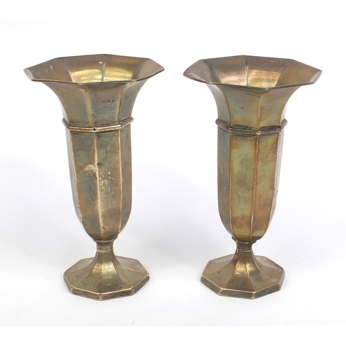 2417 - Pair of octagonal silver pedestal vases, hallmarked Birmingham 1912, 15.5cm high, approximate weight... 