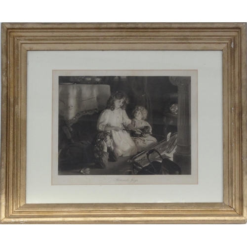 2407 - Fireside Joys black and white print mounted and gilt framed, 60cm x 44cm excluding the mount and fra... 