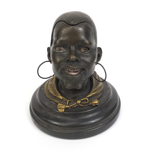 2349 - Goldscheider style Bronze inkwell in the form of males head, mounted on a marble base, 13.5cm high