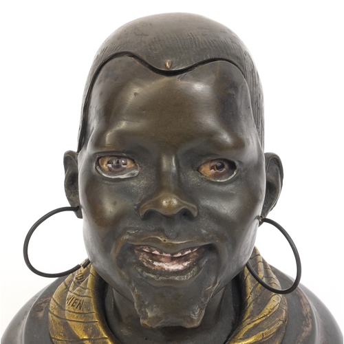 2349 - Goldscheider style Bronze inkwell in the form of males head, mounted on a marble base, 13.5cm high