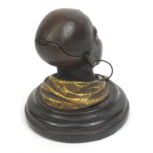 2349 - Goldscheider style Bronze inkwell in the form of males head, mounted on a marble base, 13.5cm high