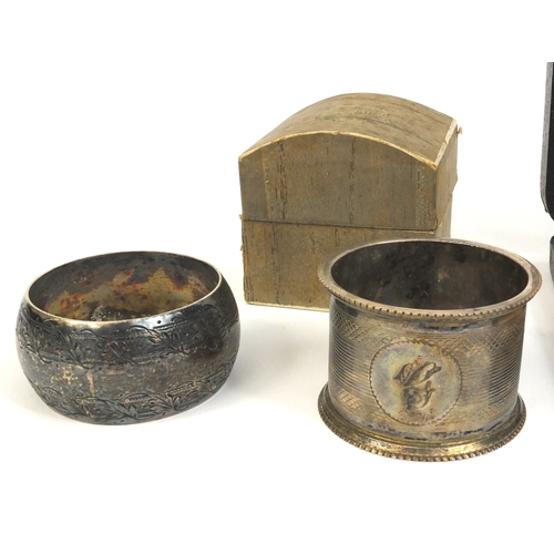 2423 - Cased set of six silver teaspoons, a pair of silver napkin rings and one other, various hallmarks