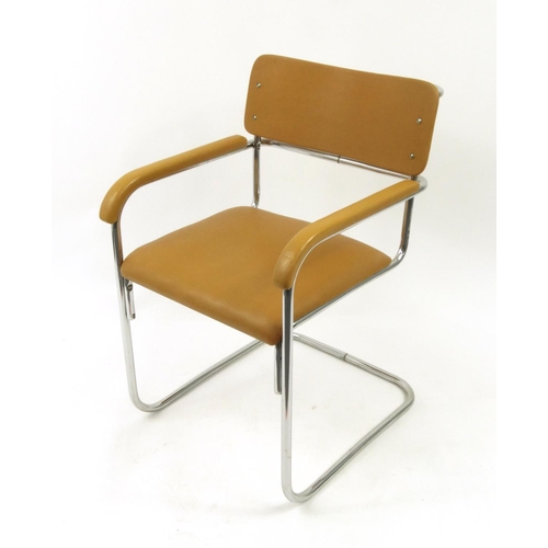 38 - Vintage chrome and tan leatherette desk chair, 85cm high