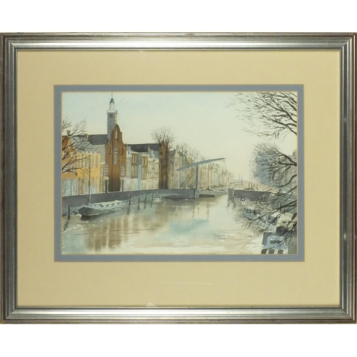 47 - Eueline - watercolour view of Old Rotterdam Harbour, mounted and contemporary framed, 43cm x 29cm ex... 