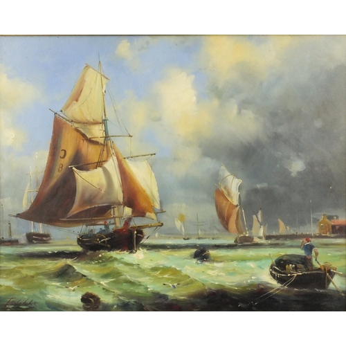 12 - Oil onto board view of ships at sea, bearing a signature T. Nibbs, framed, 55cm x 45cm excluding the... 