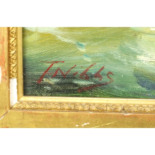 12 - Oil onto board view of ships at sea, bearing a signature T. Nibbs, framed, 55cm x 45cm excluding the... 