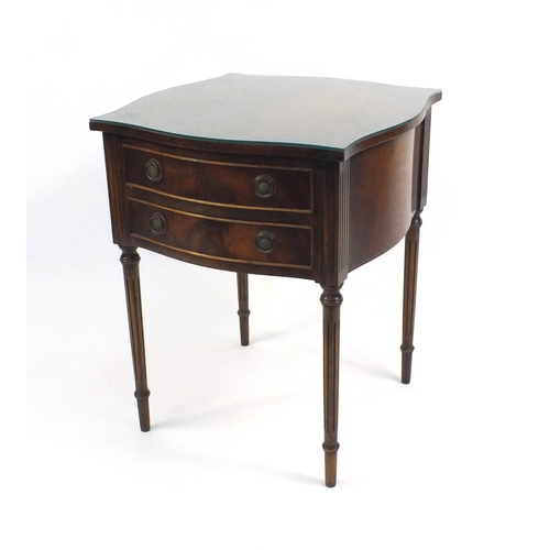 49 - Mahogany two drawer night stand raised on tapering legs, 64cm high x 53cm square