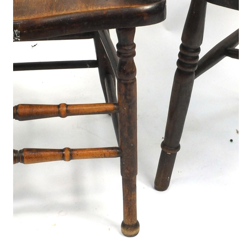 45 - Set of three beech and elm stick back chairs and an elbow chair