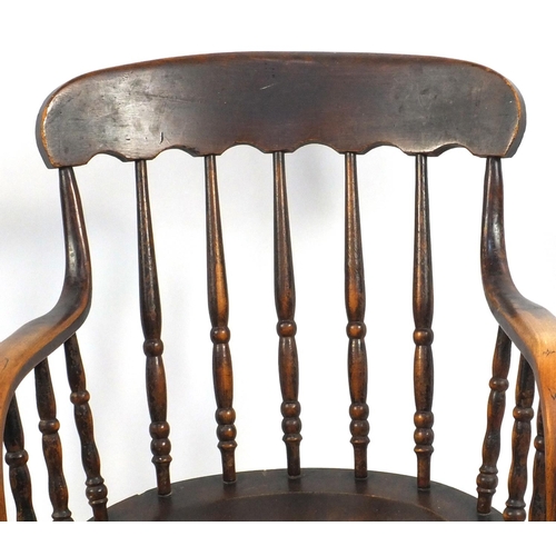 45 - Set of three beech and elm stick back chairs and an elbow chair