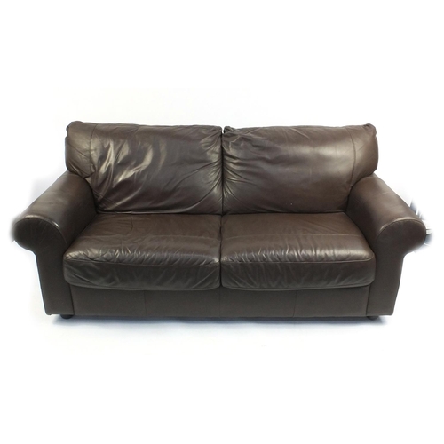 22 - Large brown leatherette two seater sofa settee and pair of arm chairs, the settee approximately 192c... 