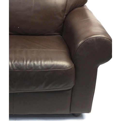 22 - Large brown leatherette two seater sofa settee and pair of arm chairs, the settee approximately 192c... 