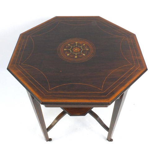 7 - Edwardian inlaid rosewood octagonal centre table with under tier, 62cm high x 72cm in diameter