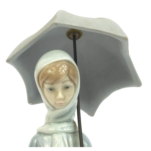 2103 - Lladro figurine of a girl holding an umbrella surrounded by four geese, factory marks to the base, 2... 