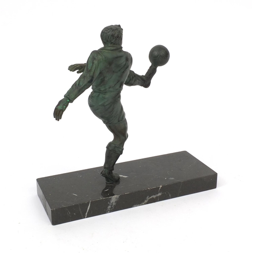 2113 - Art Deco style bronzed model of footballer raised on a black marble base, 20cm high