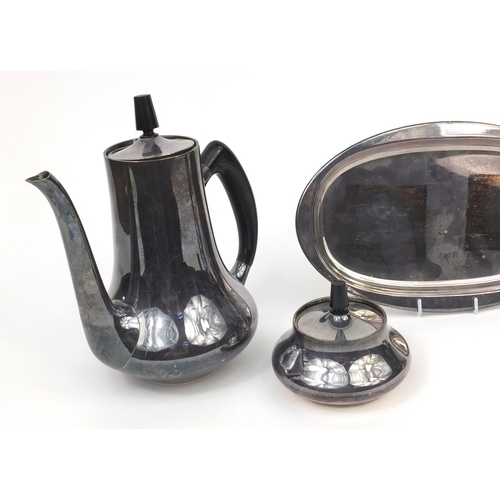 2106 - Silver plated four piece tea service on tray, with plastic handles and knop, the base marked EPNS De... 