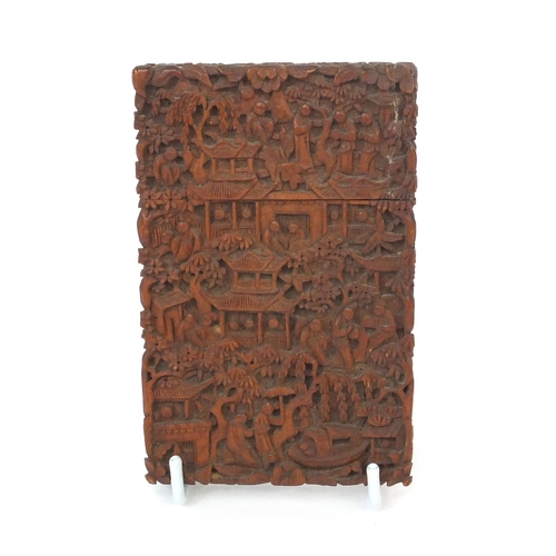 810 - Chinese cantonese sandalwood card case, profusely carved with figures amongst trees and pagodas, cha... 