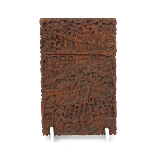 810 - Chinese cantonese sandalwood card case, profusely carved with figures amongst trees and pagodas, cha... 