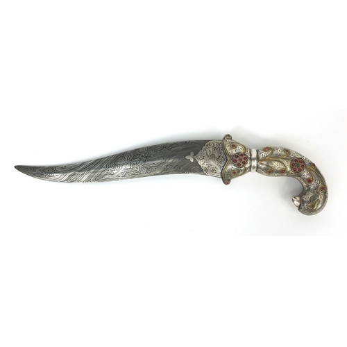 534 - Indian Mughal dagger with watered blade, the handle modelled as a mythical creature set with semi pr... 