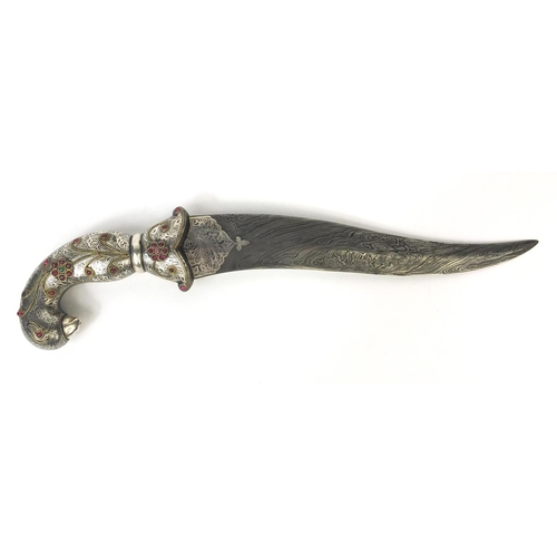 534 - Indian Mughal dagger with watered blade, the handle modelled as a mythical creature set with semi pr... 