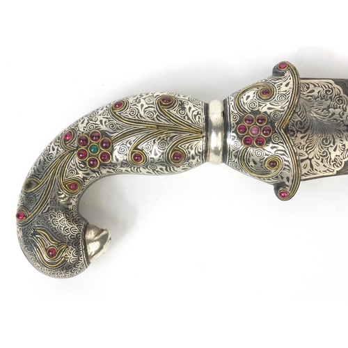 534 - Indian Mughal dagger with watered blade, the handle modelled as a mythical creature set with semi pr... 